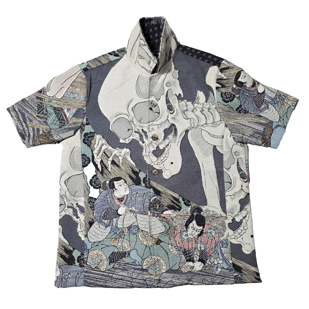 Rebel Vengeance Tapestry Shirt Japanese Skeleton Gashadokuro Graphic Art Vtg Y2K